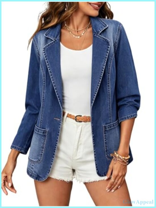 Jackets & Blazers - Women's Denim Blazer Notched Lapel One Button Long Sleeve Slim Fit Jean Jacket